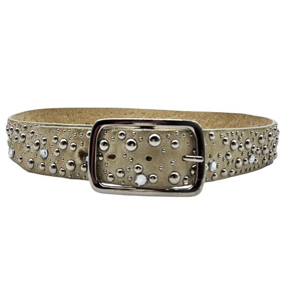 Studded Beige Leather Belt with Rhinestone Accents – Size L - Picture 1 of 8